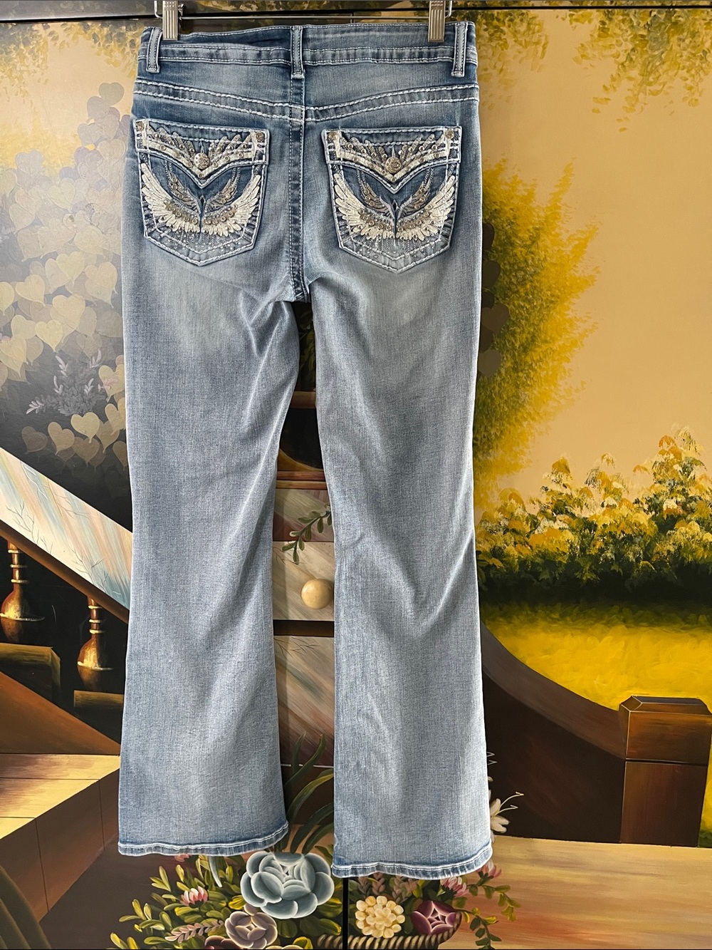 Light Blue Embroidered Pocket Flare Jeans for Women